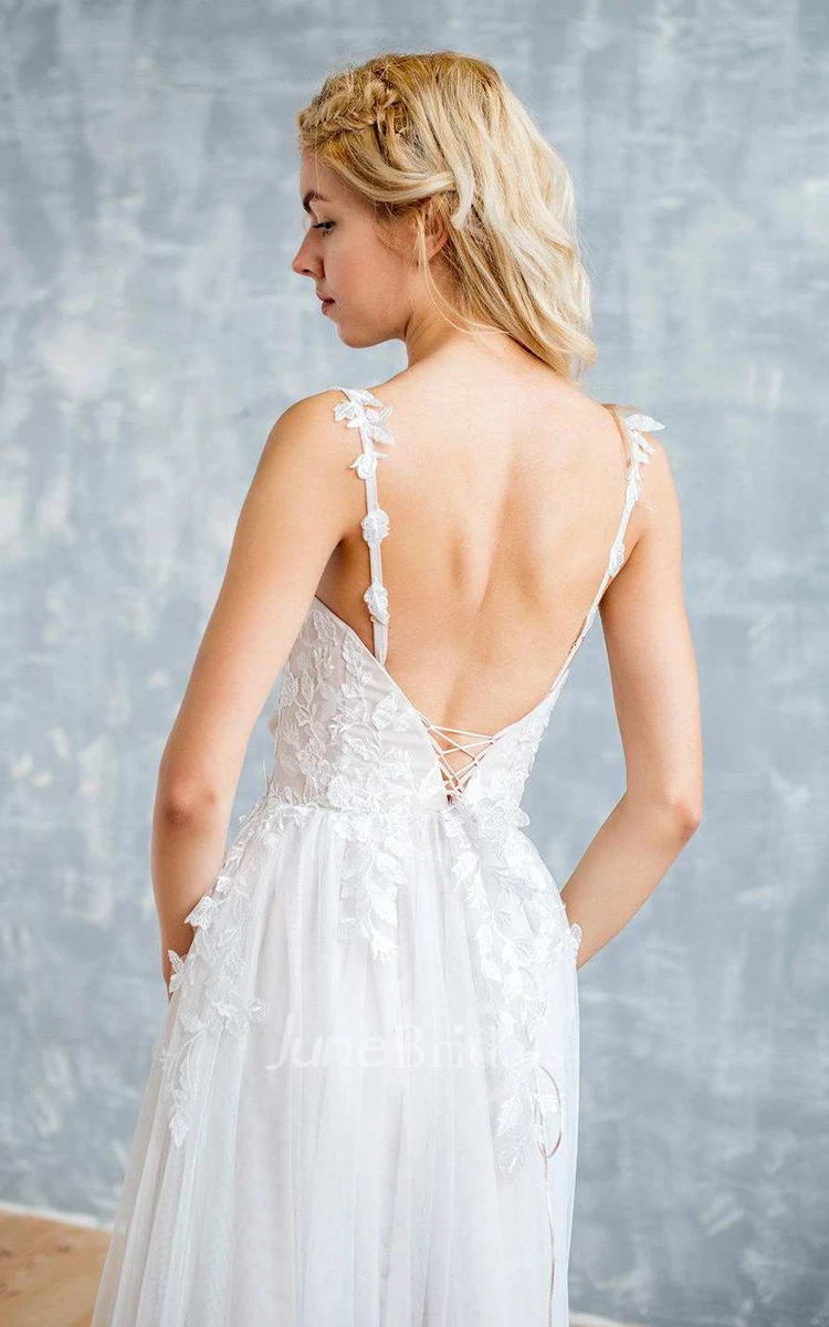 Spaghetti Sleeveless A-Line Pleated Backless Wedding Dress