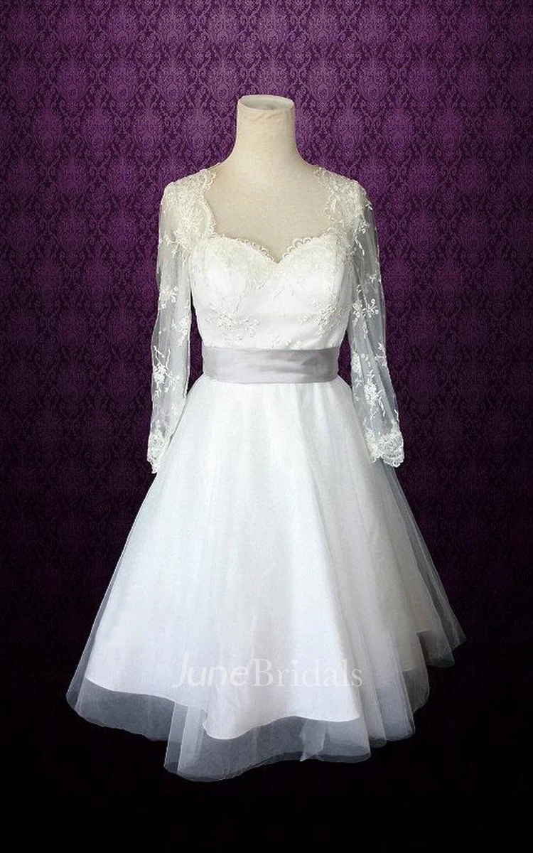 Queen Anne Illusion Sleeve Tulle Wedding Dress With Sash And Illusion Back