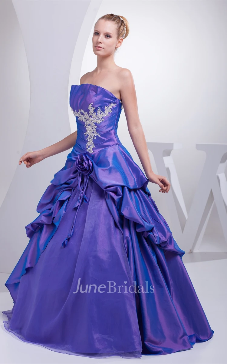 Strapless Pick-Up Ruched Ball Gown with Appliques