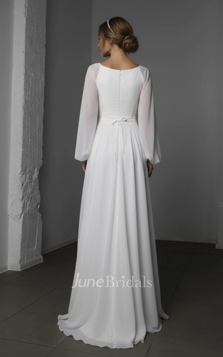 Simple Romantic Women's Long Sleeve A-Line Maxi Winter Wedding Dress Formal Flowy V-Neck Zipper Back Petite Floor Length Reception Bridal Gown