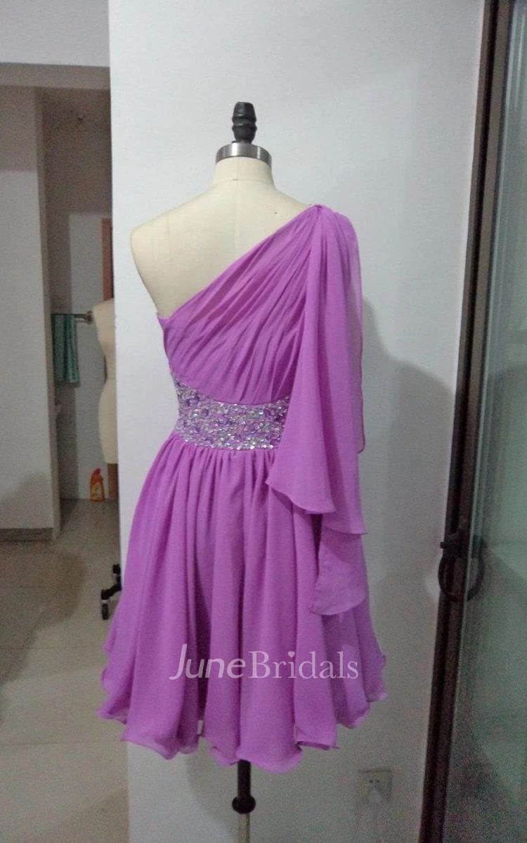 Short One-shoulder Chiffon Dress With Beading And Pleats