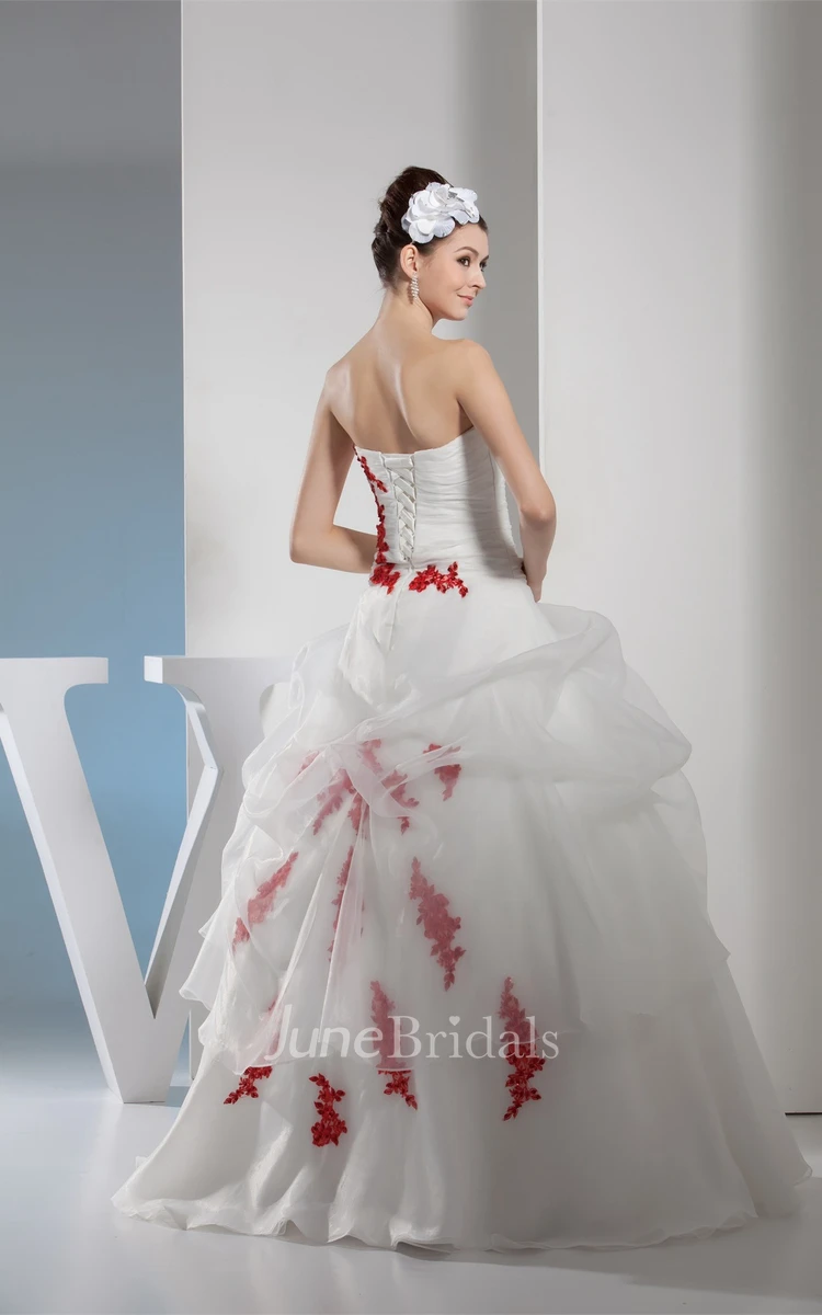 Two-Tone Strapless Ruched Tulle Ball Gown with Flower and Appliques