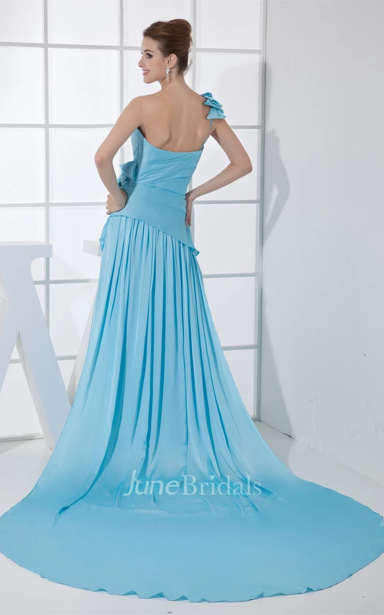 One-Shoulder Ruched Floor-Length Dress with Pleats and Court Train