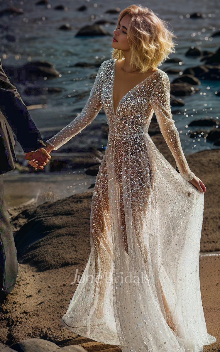 Sexy Sparkly A-Line Boho Long Sleeve Sequin Pearl Sheer Wedding Dress Modern Winter Beach V-Neck See Through Floor Bridal Gown