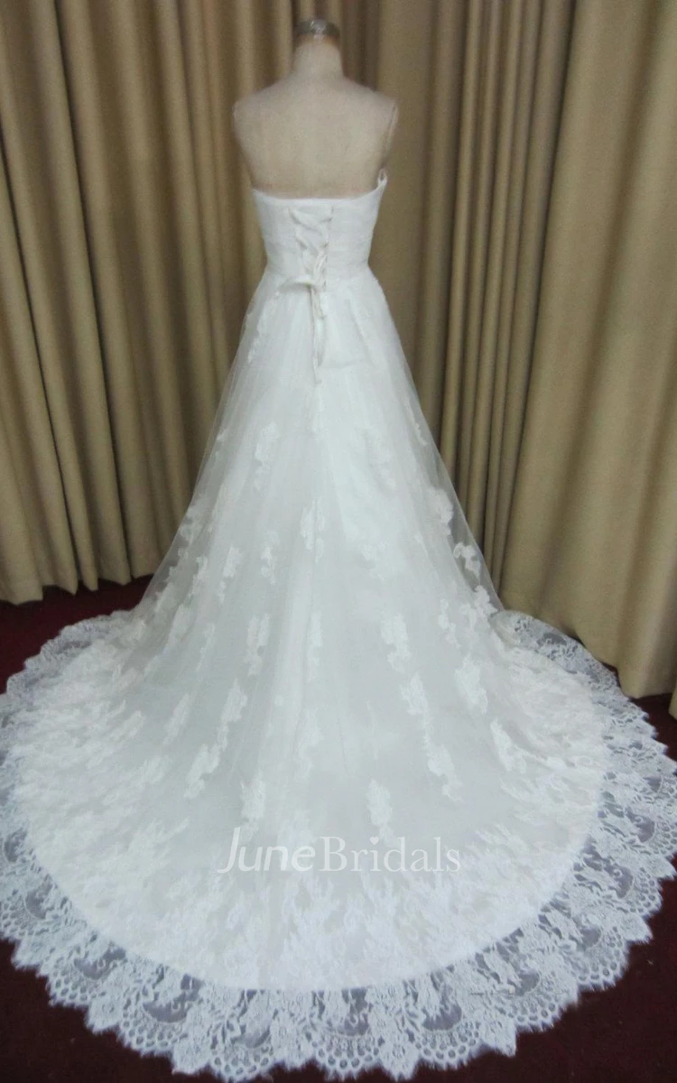 Long A-Line Criss-Cross Wedding Dress With Lace Trim and Ruching