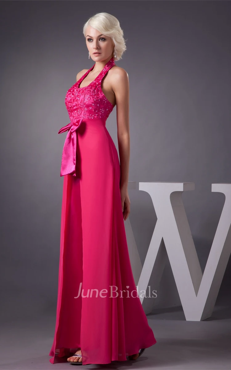 Sleeveless Ankle-Length Jeweled Dress with Bow and Halter