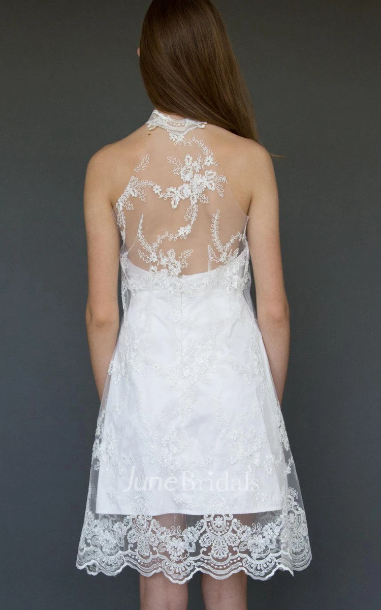 Halter Sleeveless Taffeta Wedding Dress With Appliques And Illusion Back
