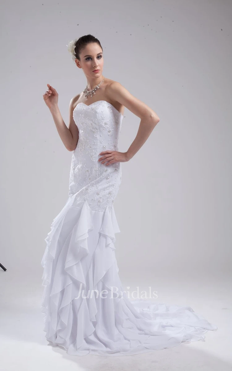 Strapless Sheath Dress With Beaded Bodice and Cascading Ruffles