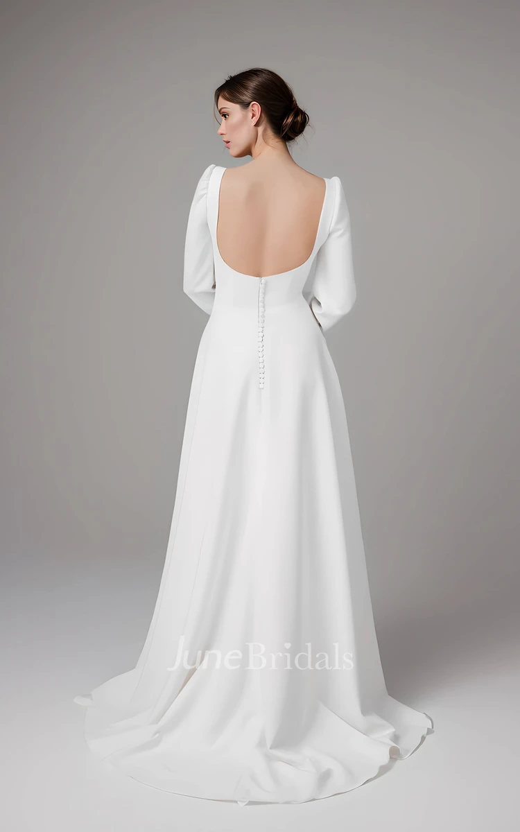 Simple Modest A-Line Long Sleeve Wedding Dress Minimalist Casual Square Neck Backless Sweep Train Maxi Bridal Gown