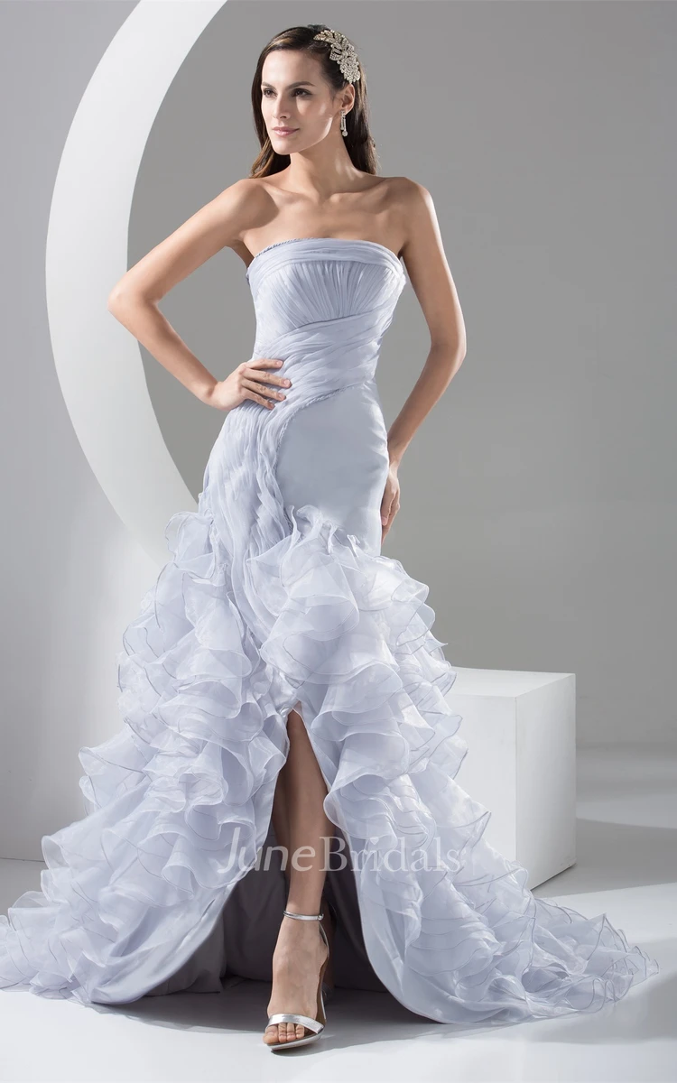 Strapless Column Front-Split Dress with Ruching and Cascading Ruffles