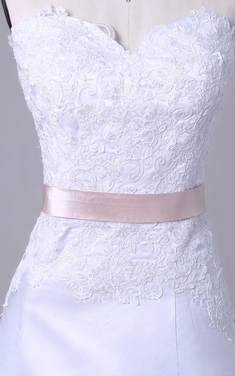 A-Line Tea-Length Off-The-Shoulder One-Shoulder Sweetheart Beading Appliques Sash Chapel Train Lace Sequins Satin Dress