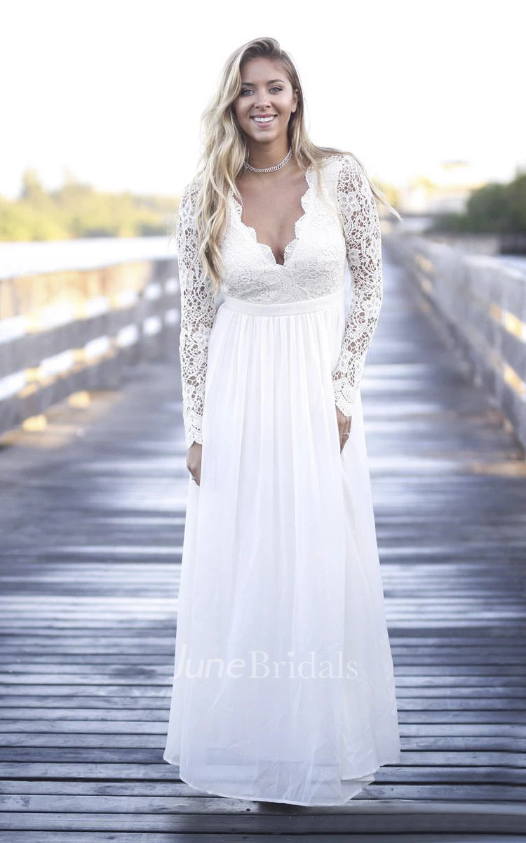 Scalloped Plunging Boho A-line Lace Long Sleeve Open Back Chiffon Gown