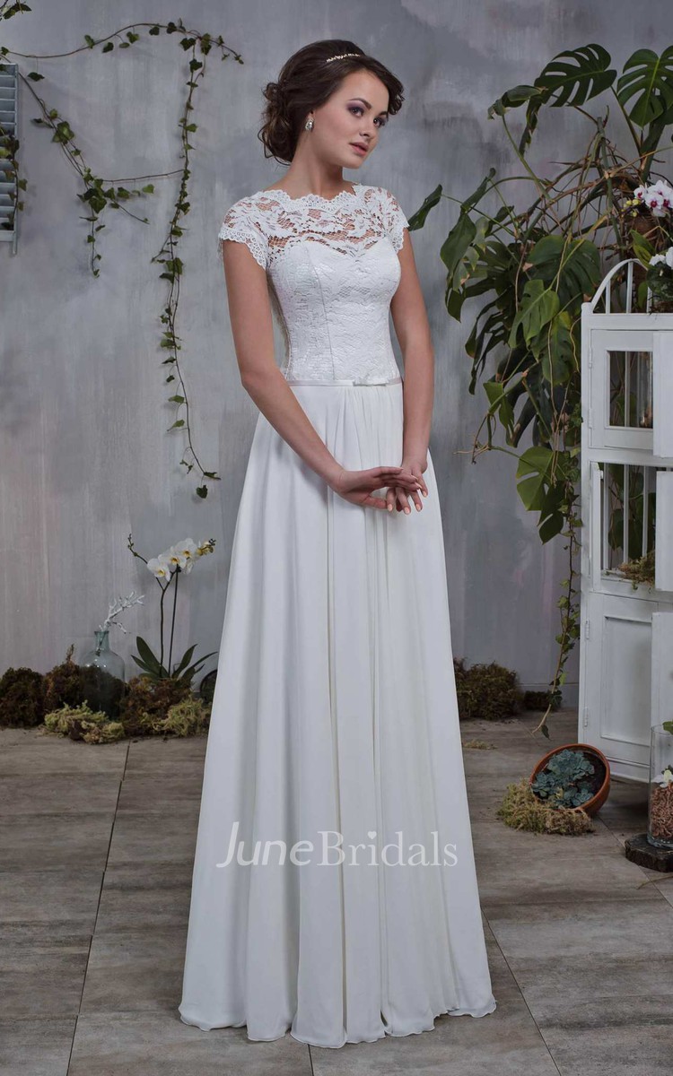 Bateau Short Sleeve Chiffon Long Dress With Lace Top And Corset Back June Bridals