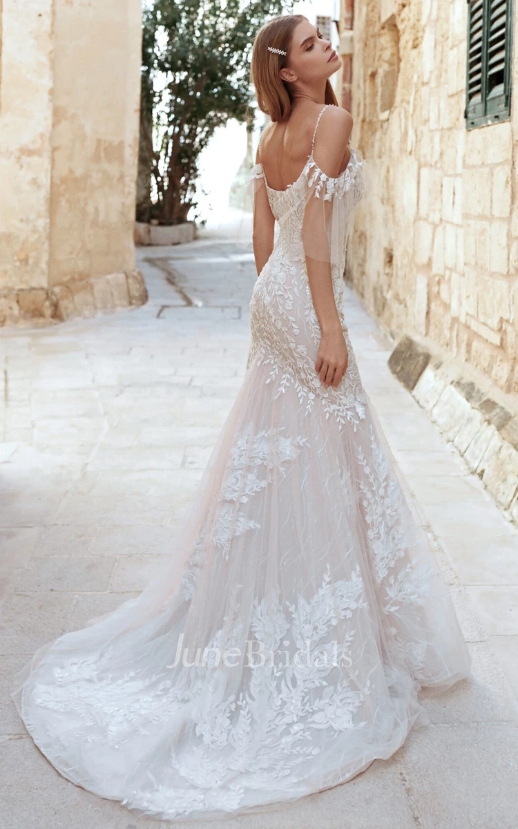 Romantic Lace Short Sleeve Brush Train Trumpet Off-the-shoulder Straps Wedding Dress with Appliques