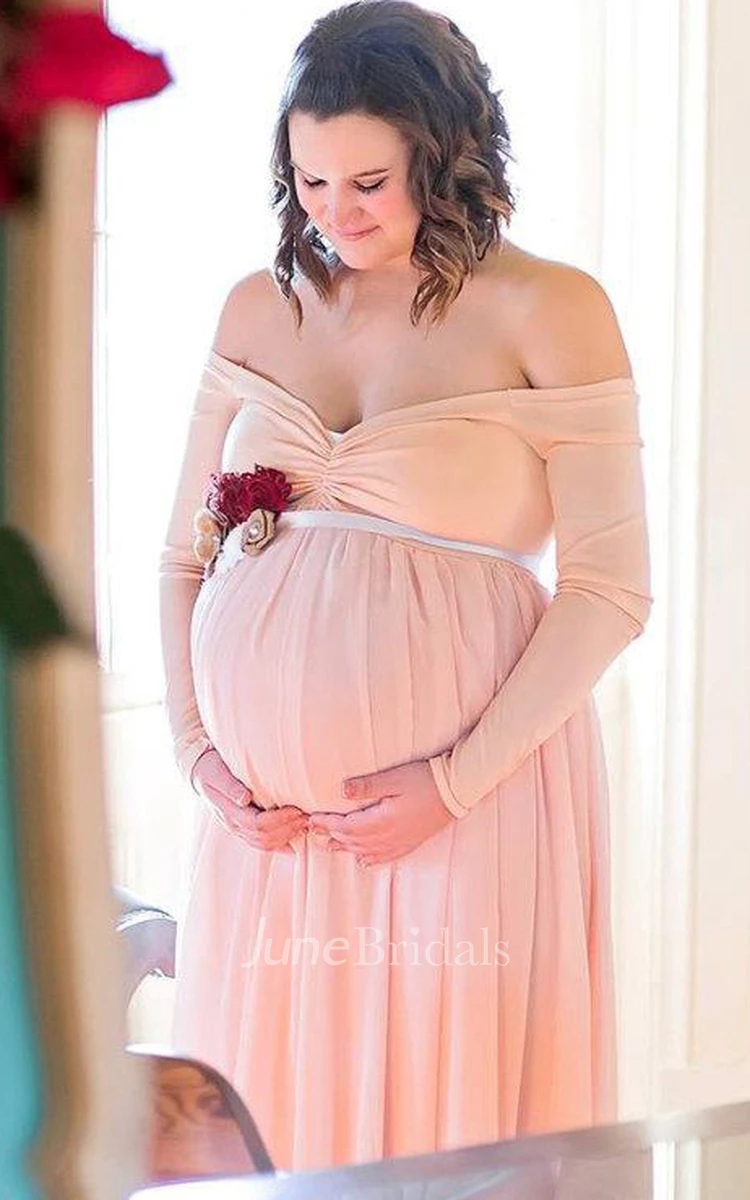 Off-the-shoulder Long Sleeve Chiffon Maternity Dress With Split Front&Split