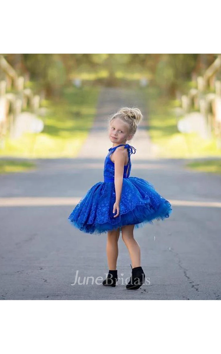 Newest Royal Blue Lace Appliques Flower Girl Dress Halter Puffy Mini