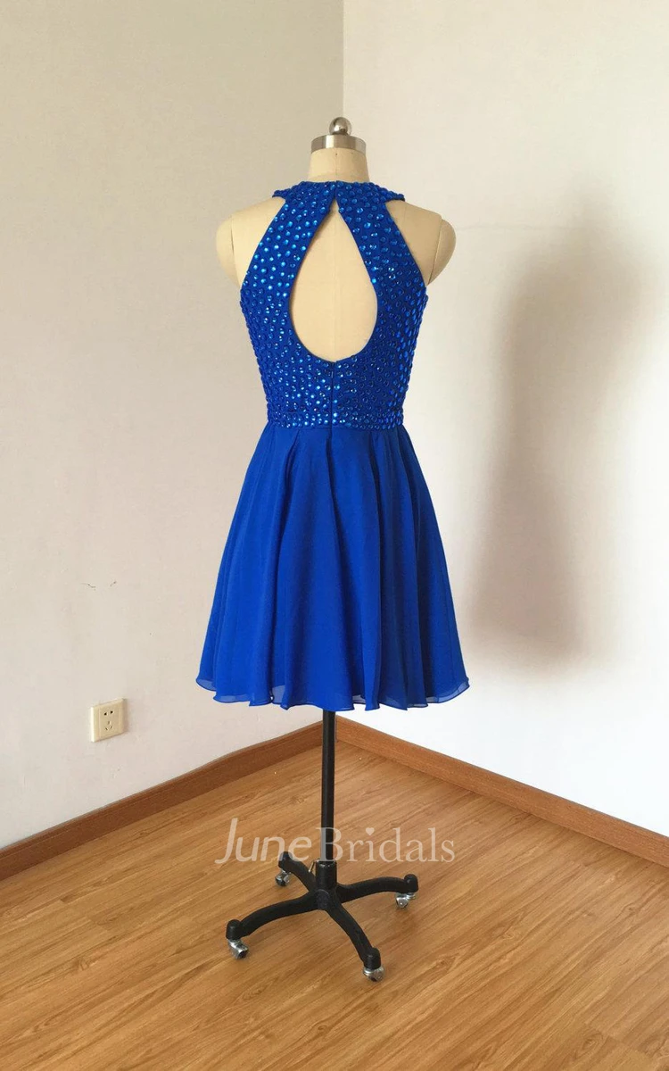 Halter Cobalt Blue Chiffon Short Dress With Kayhole Back