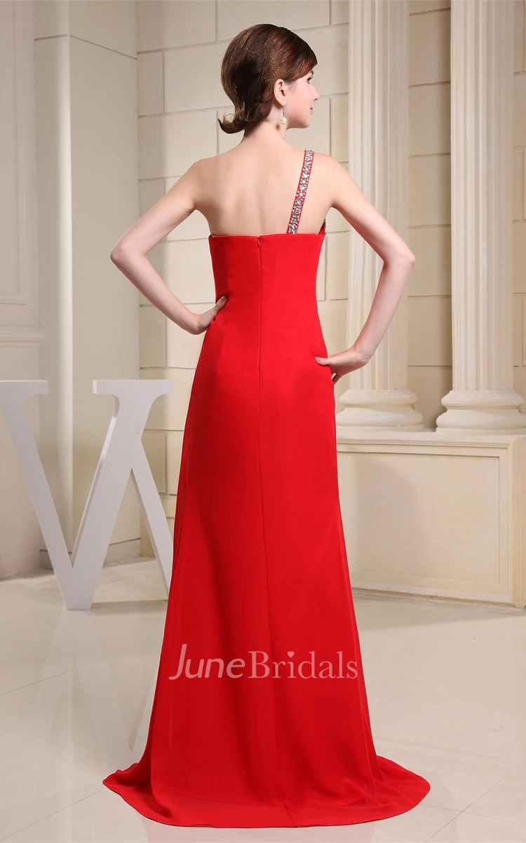 One-Shoulder Ruched Chiffon Long Dress with Front Slit and Appliques