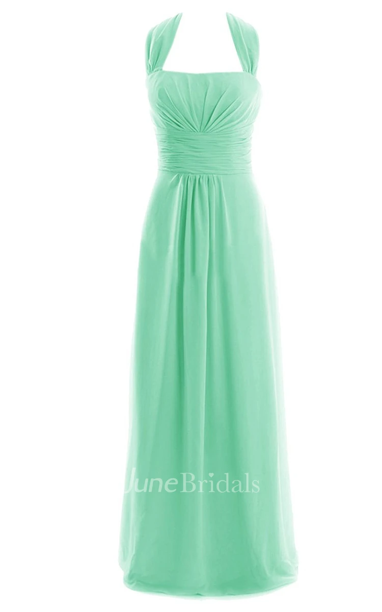 Halter Drapped Chiffon A-line Gown With Ruched Band
