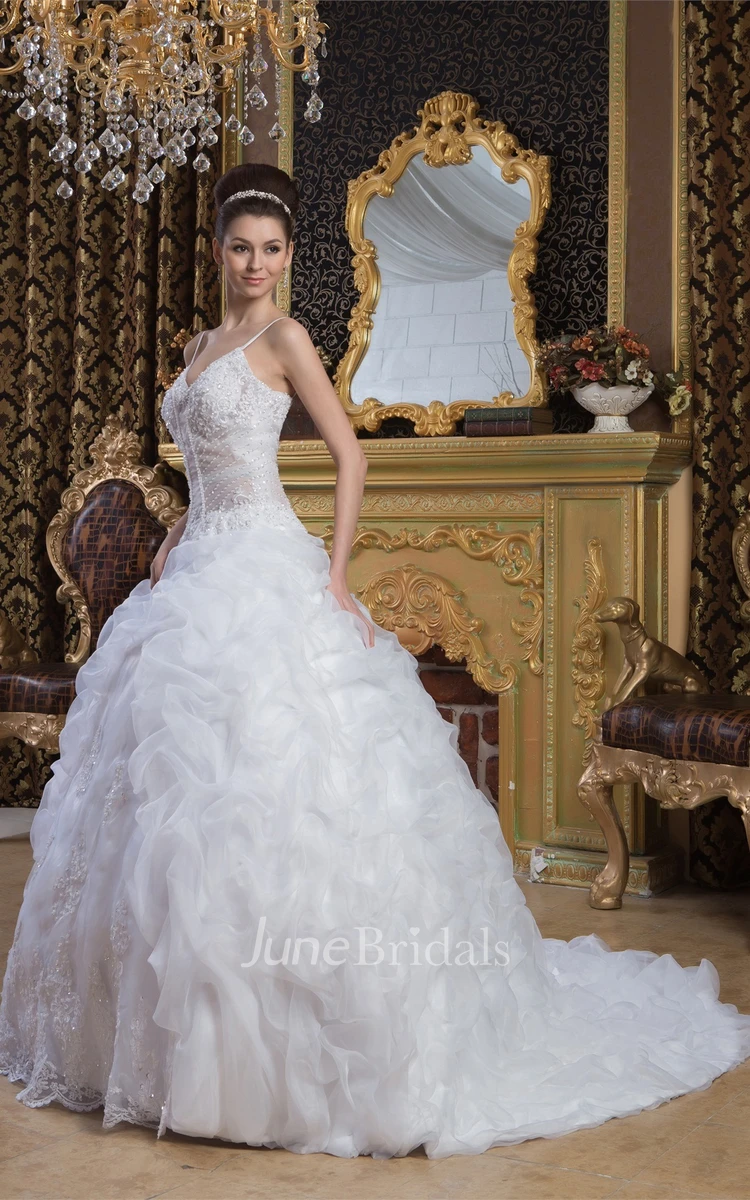 Spaghetti-Strap Pick-Up Ball Gown with Lace and Illusion Top