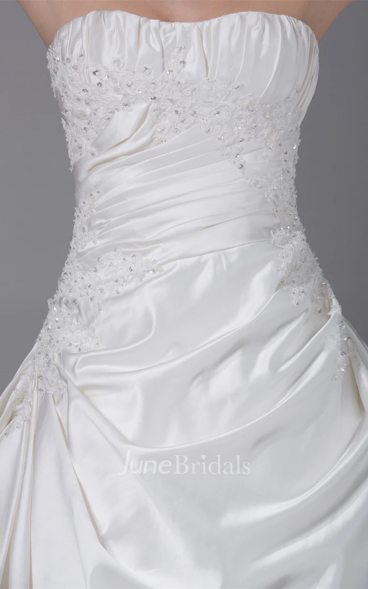 Strapless Ruched Satin Ball Gown with Appliques and Pick Up