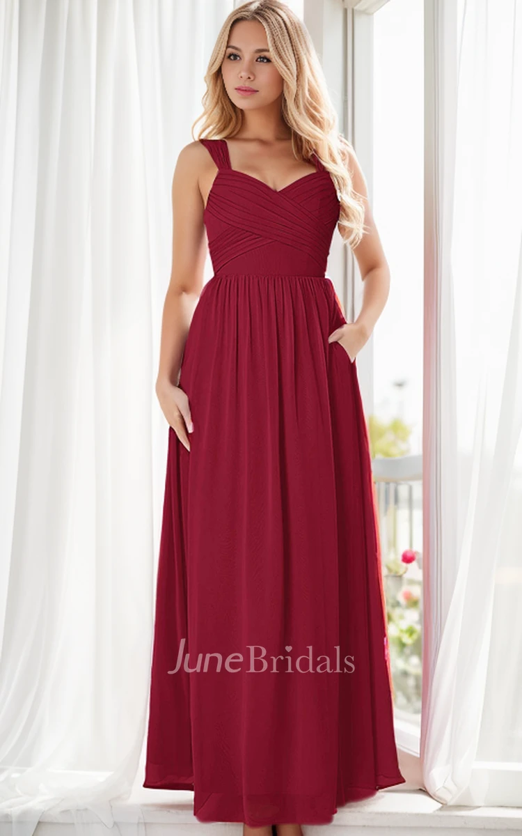 Elegant Burgundy A-Line Wide Strap Maxi Plus Size Bridesmaid Dress Simple Casual Ruched Guest Dress with Pocket