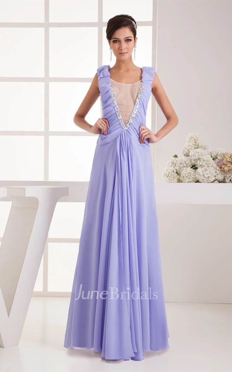Plunged Caped-Sleeve Chiffon Maxi Dress with Illusion and Pleats