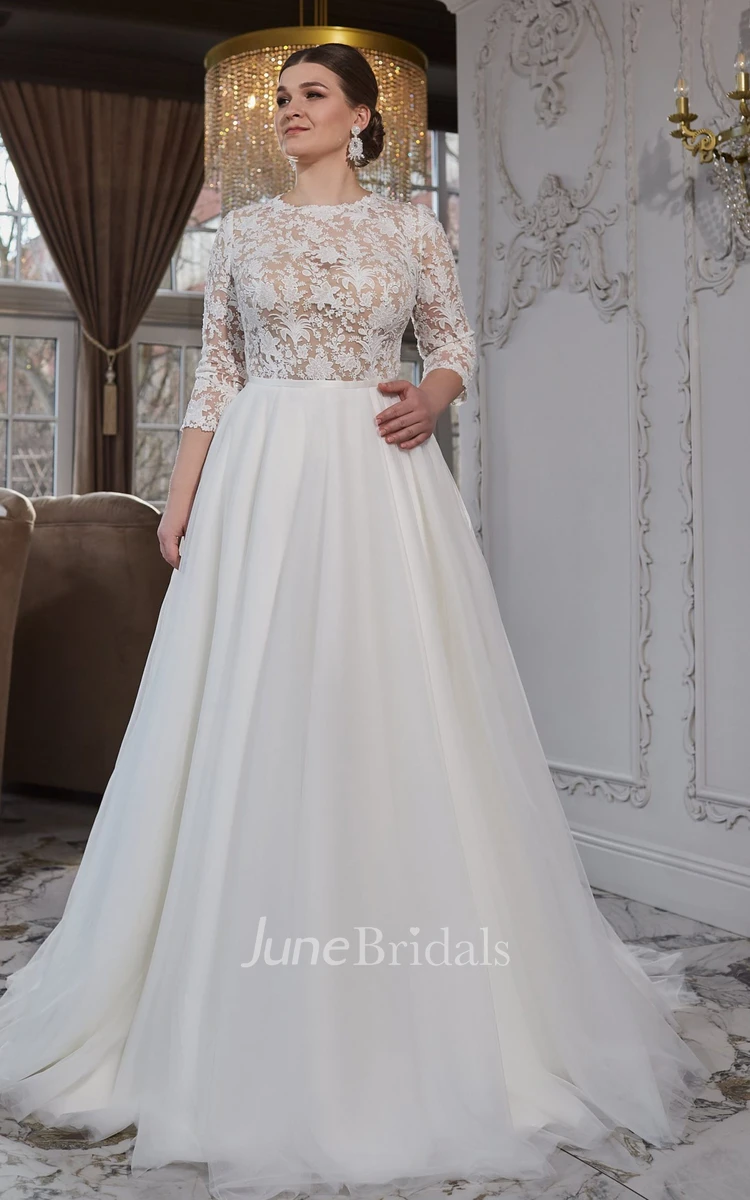 Jewel Neckline A-Line Lace Wedding Dress With Zipper Back And Appliques