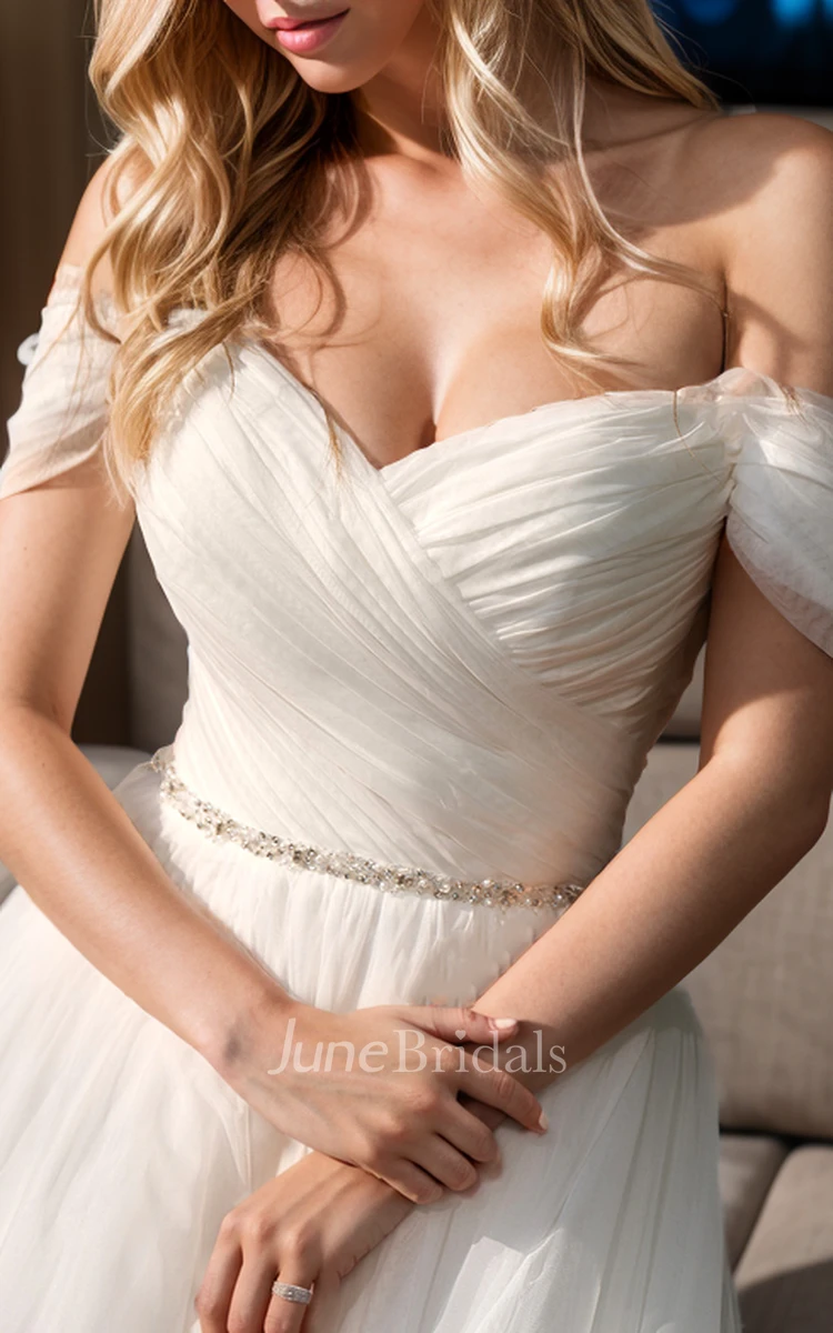 Modern Simple A-Line Off-the-Shoulder Sweetheart Wedding Dress Fairy Modest Ruched Tulle Bridal Gown with Sweep Train