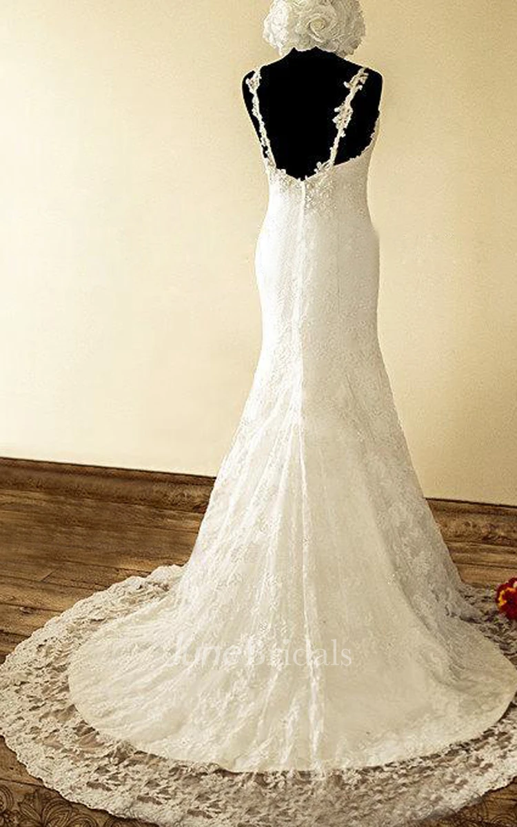 Spaghetti Mermaid Long Lace Wedding Dress With Flower And Straps Back