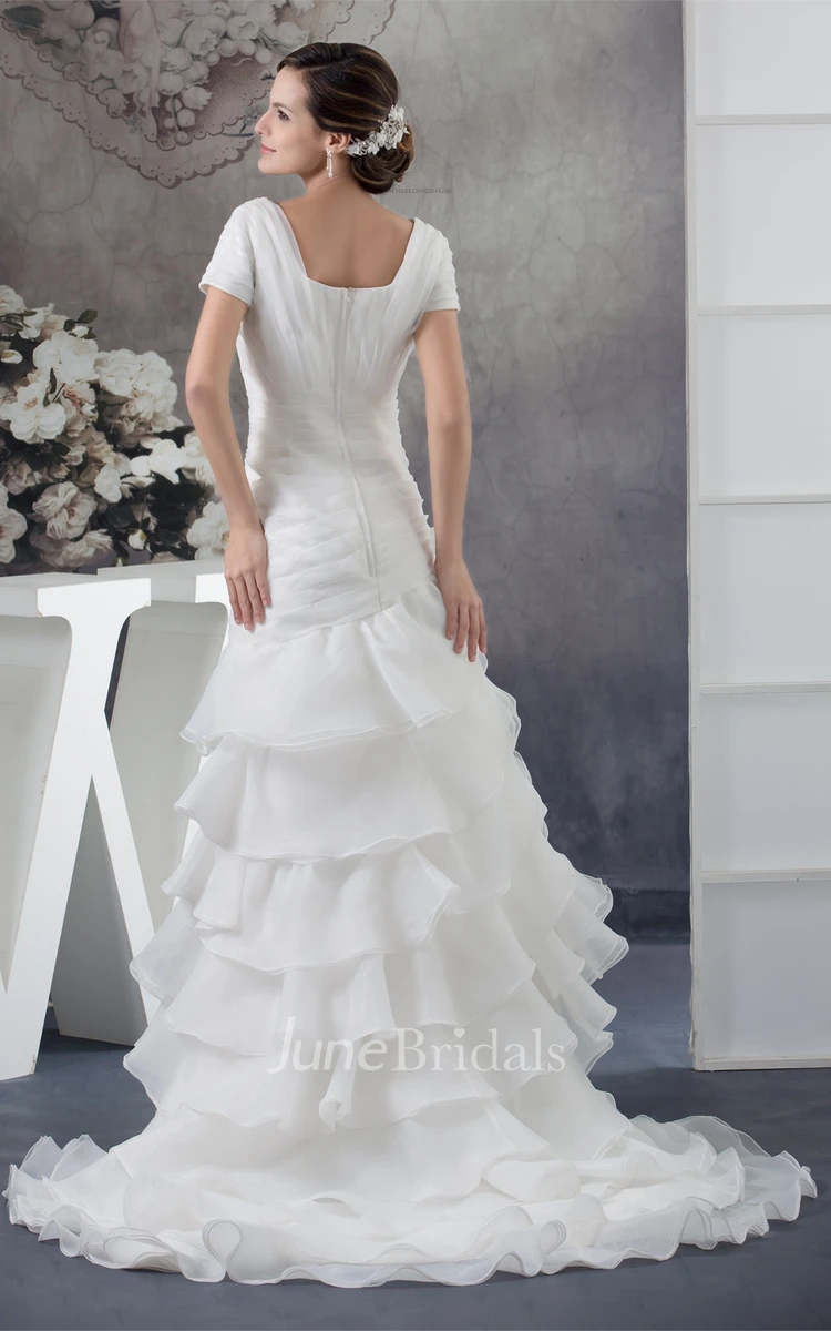 Square-Neck Short-Sleeve Ruched Gown with Flower and Tiers