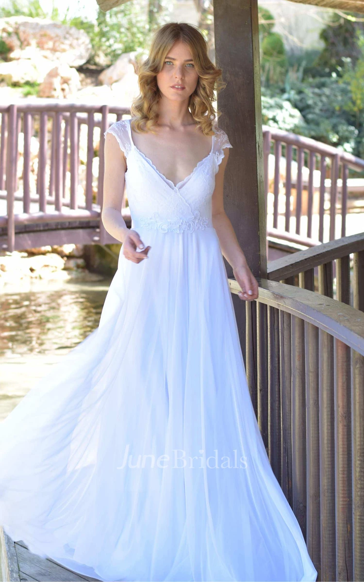 Deep-V-Neck Cap-Sleeve Chiffon Lace Chiffon Floor-Length Wedding Dress
