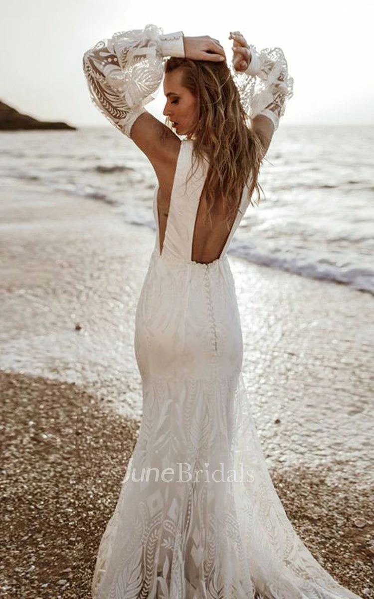 Casual Lace Plunging Neckline Mermaid Wedding Dress With Long Sleeve And Open Back