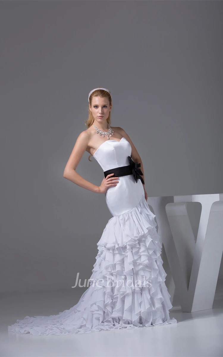 Strapless Mermaid Gown with Bow and Cascading Ruffles