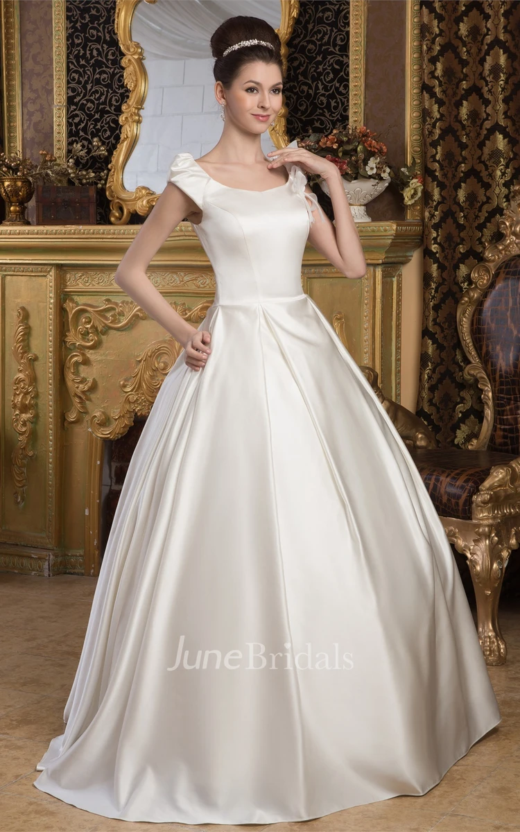 Caped-Sleeve Satin A-Line Ball Gown with Epaulet