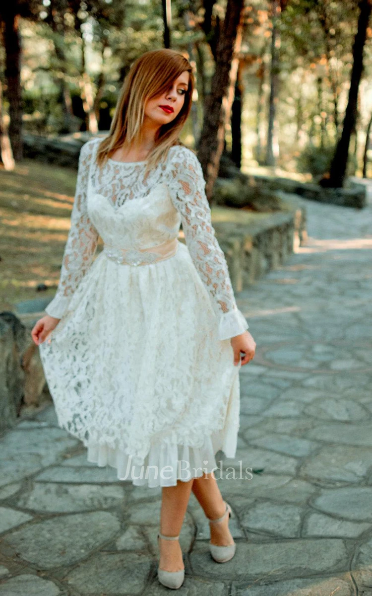 Bateau Low-V Back Tea-Length Lace Wedding Dress With Flower And Sash