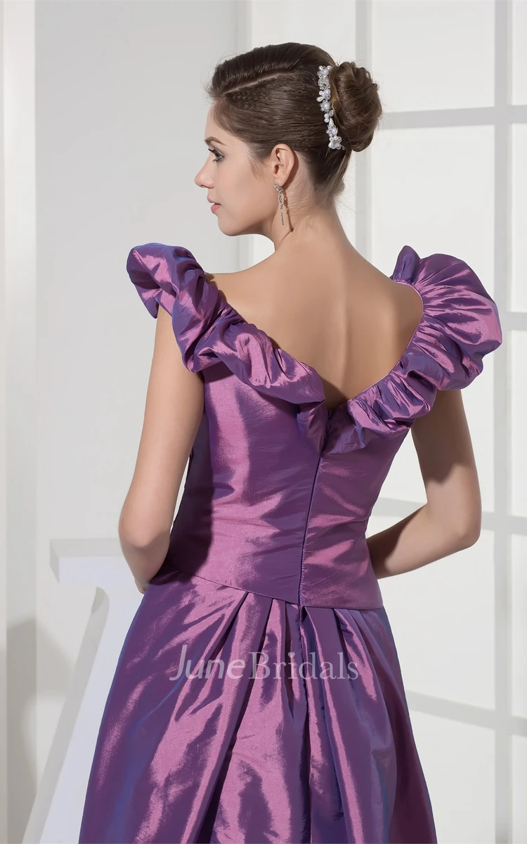 Satin A-Line Draped Gown with Ruffled V Neckline