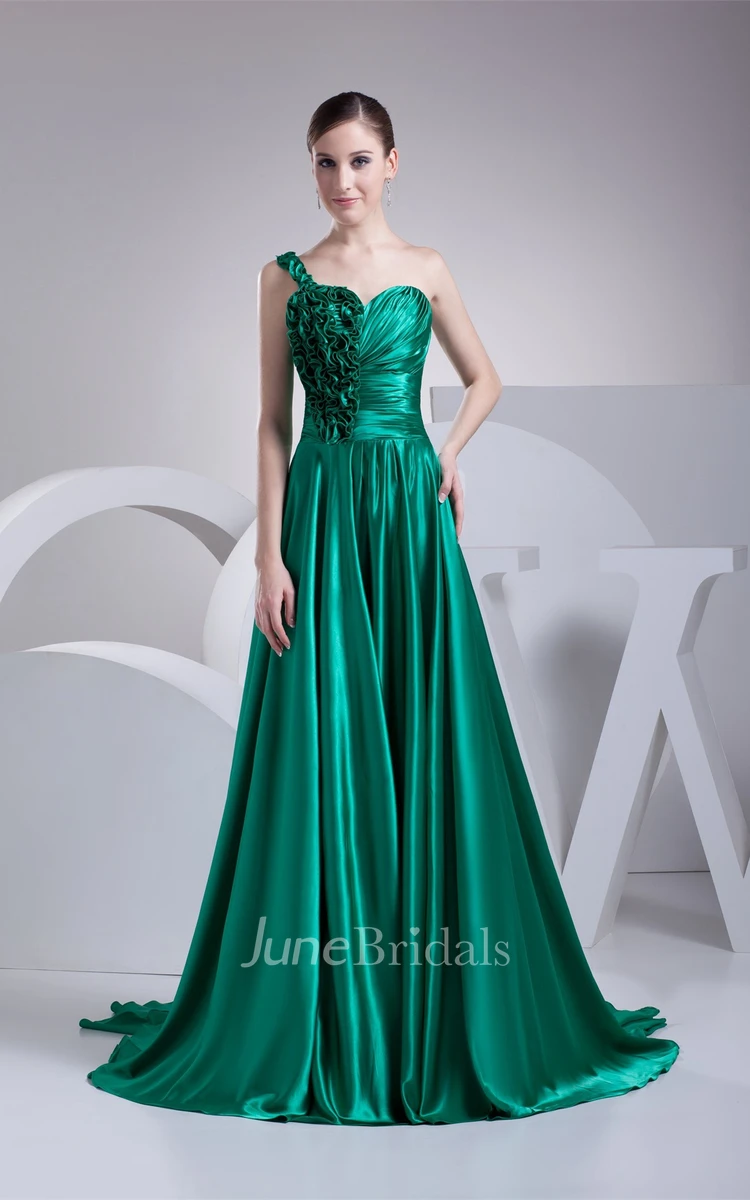 Sleeveless Ruffled A-Line Gown with Pleats and Sweep Train