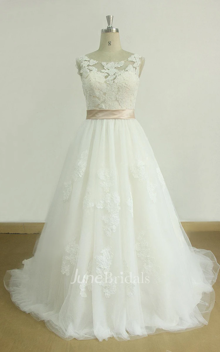 A-Line Tulle Lace Satin Weddig Dress With Illusion