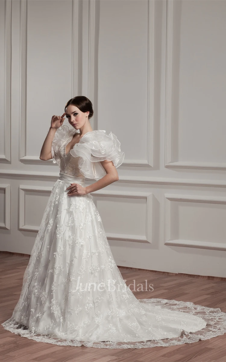 Plunged Ruffled A-Line Gown with Lace and Court Train