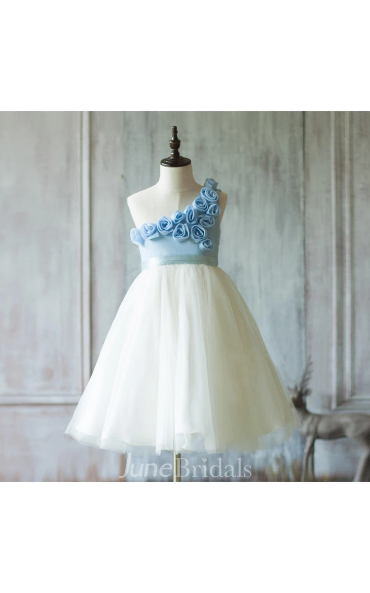 Off White Flower Neck Rosette One Shoulder Tulle Dress With Pleats