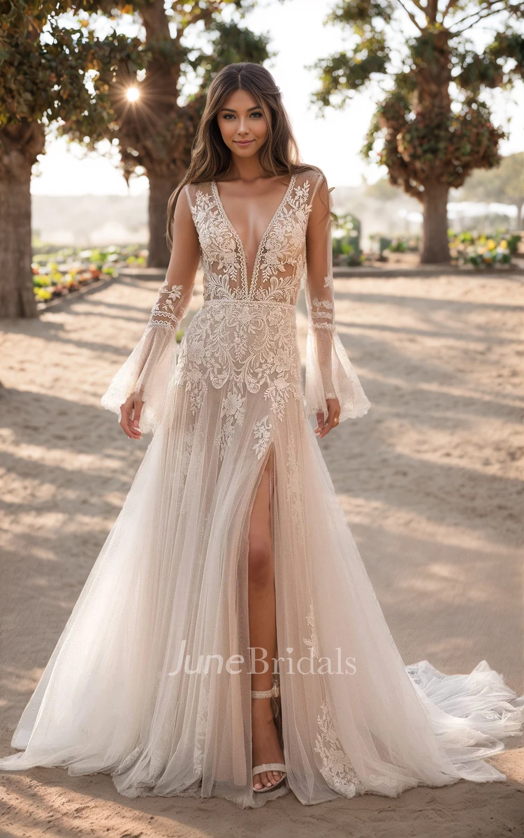 Sexy Flowy Boho Lace A Line Fall Long Sleeve Beach Wedding Dress Ethereal Elopement Split Front Floral Tulle Appliques with Court Train June Bridals