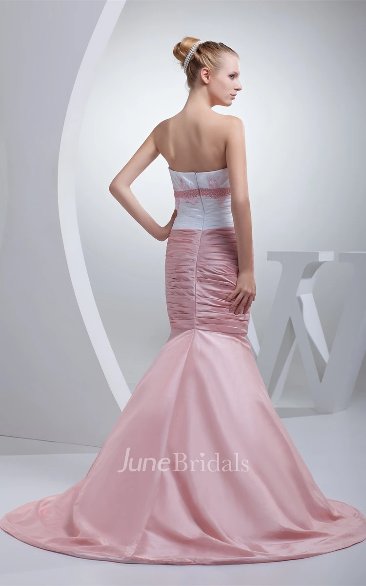 Two-Tone Strapless Column Dress with Ruching and Appliques