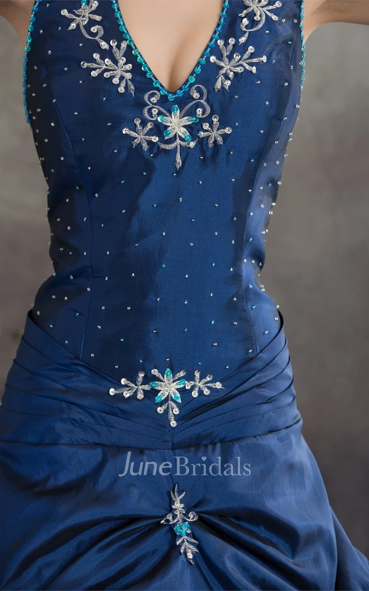 Plunged Pick-Up Ball Gown with Buckle and Crystal Detailing