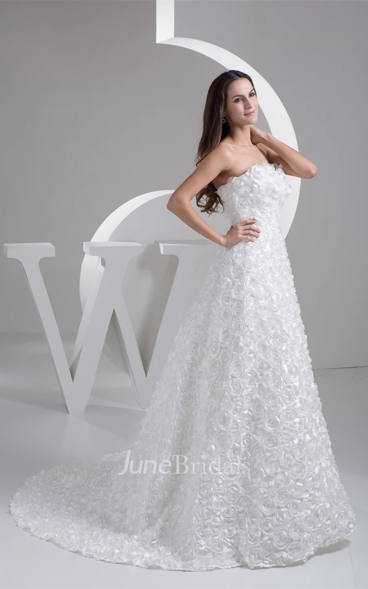 Floral Sweetheart A-Line Gown with Ruffles and Brush Train