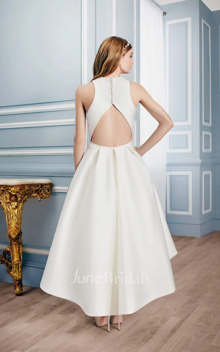 High-Low Sleeveless High Neck Appliqued Satin Wedding Dress With Keyhole
