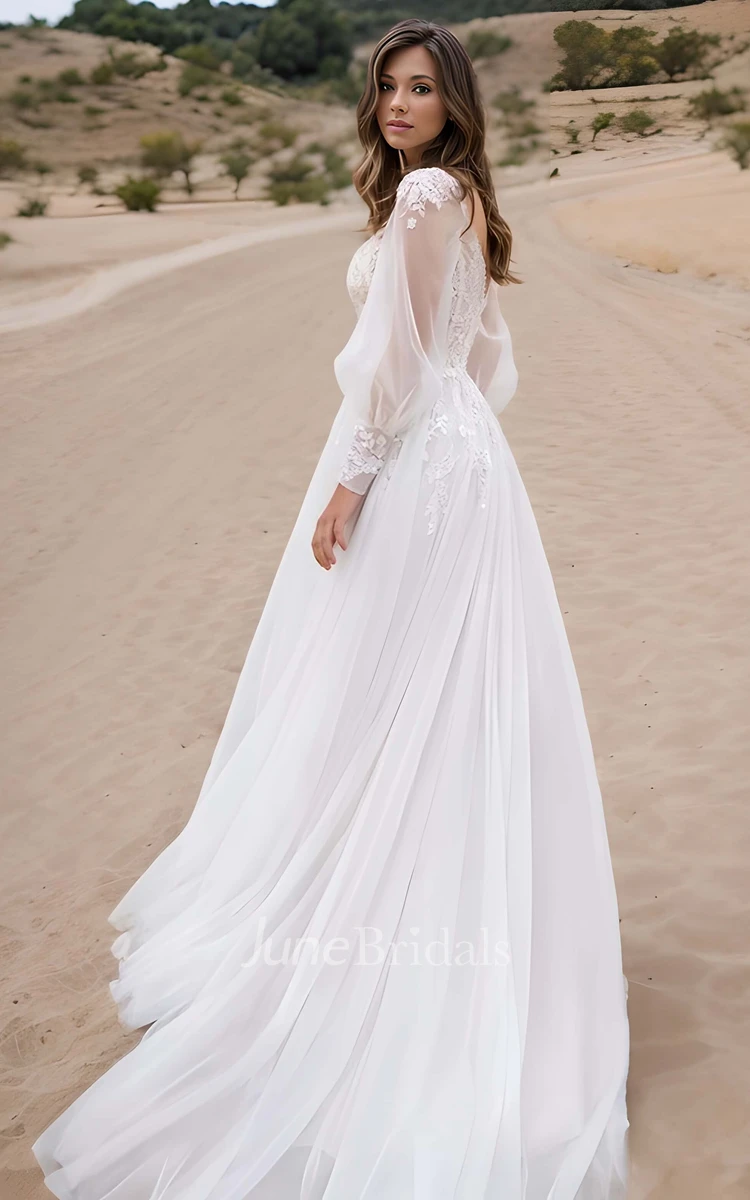 A-line Elegant Tulle Lace Wedding Dress Illusion Long Sleeve Front Split Romantic Rustic Delicate Applique Beach Prom Dress