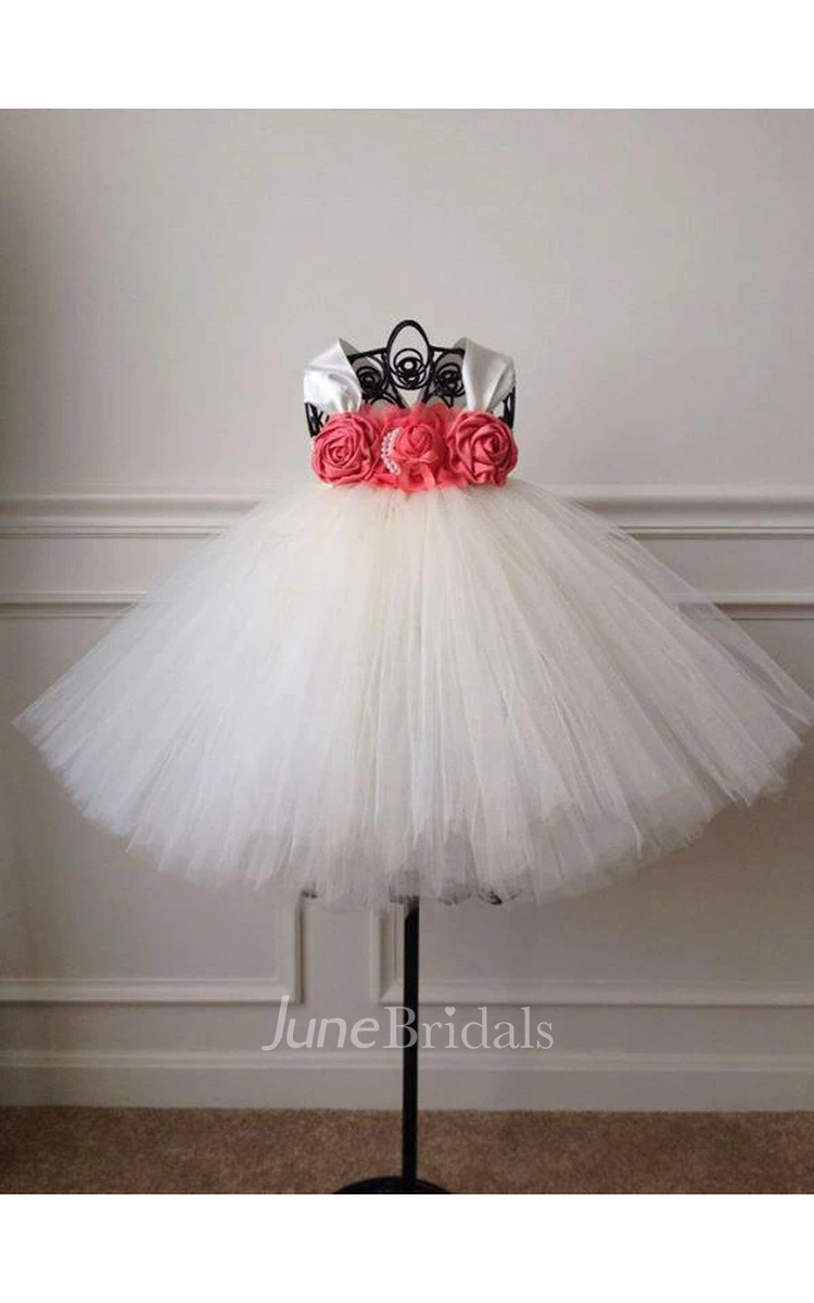 Cap Sleeve Pleated Empire Waist Tulle Ball Gown With Coral and Ivory Flower Bust