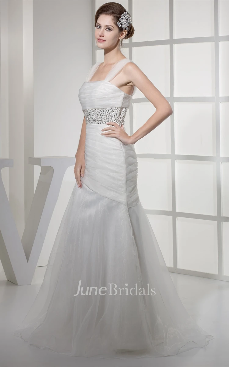 Strapped Mermaid Ruched Gown with Jeweled Waist