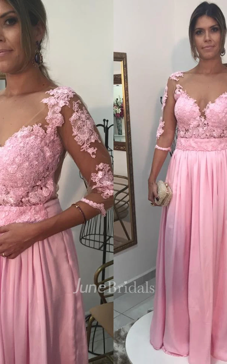 Timeless Lace Appliques Pink Evening Dress 3 4-Length Sleeve A-line